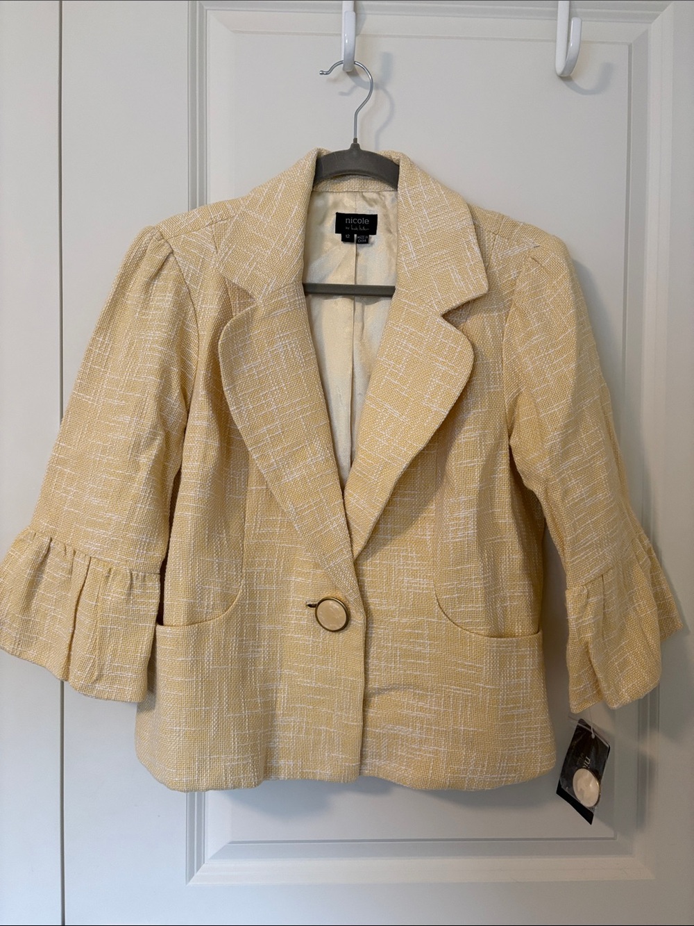 Nicole Miller Pale Yellow Tweed Ruffle Sleeve Blazer